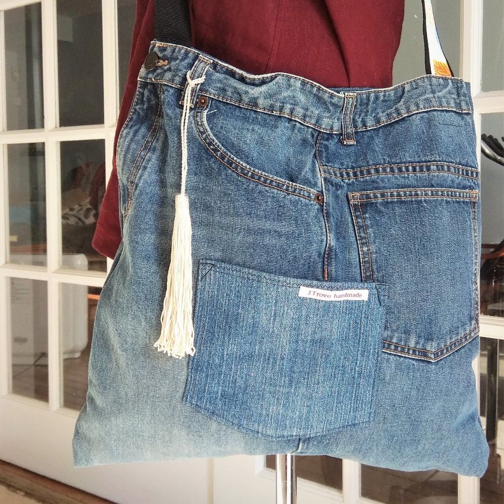 Repurposed Denim tote bag. Recycled jeans tote. Cross body bag. Upcycled Denim